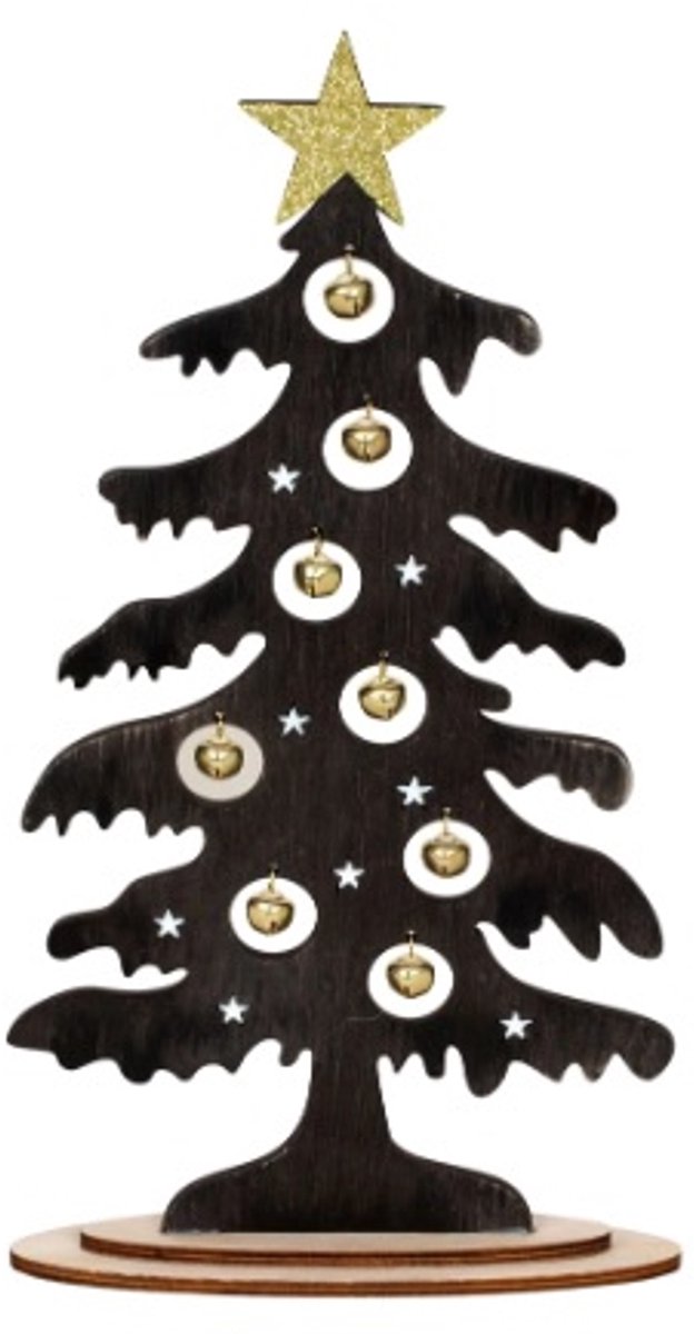 Kerstboom Hout - Zwart met Goud- Bellen - 30 cm Hoog