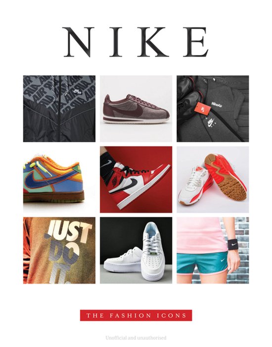 Een collage van Nike kleding en schoenen. Van een zwarte jas met Nike Air-logo tot rode en witte Nike sneakers.