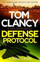 Boekomslag Tom Clancy Defense Protocol. Een straaljager vliegt over de tekst op een achtergrond van een stadsgezicht bij zonsondergang.