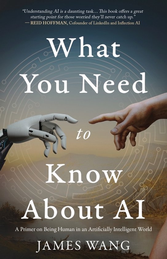Boek 'What You Need to Know About AI' met een robotvinger en menselijke vinger die elkaar bijna aanraken. Achtergrond met AI-circuits.
