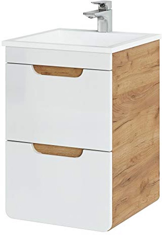 Modulo Badkamermeubel Met Wastafel | 80 Cm Hoogglans Wit Vlak Front Solid Surface 3 Lades Staand 119705