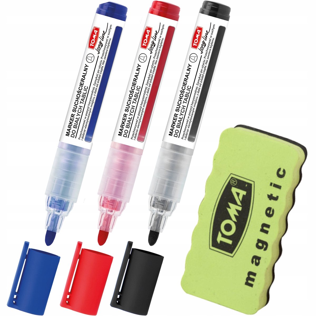 Toma Long Line Whiteboard Markers: 3 kleuren + gom