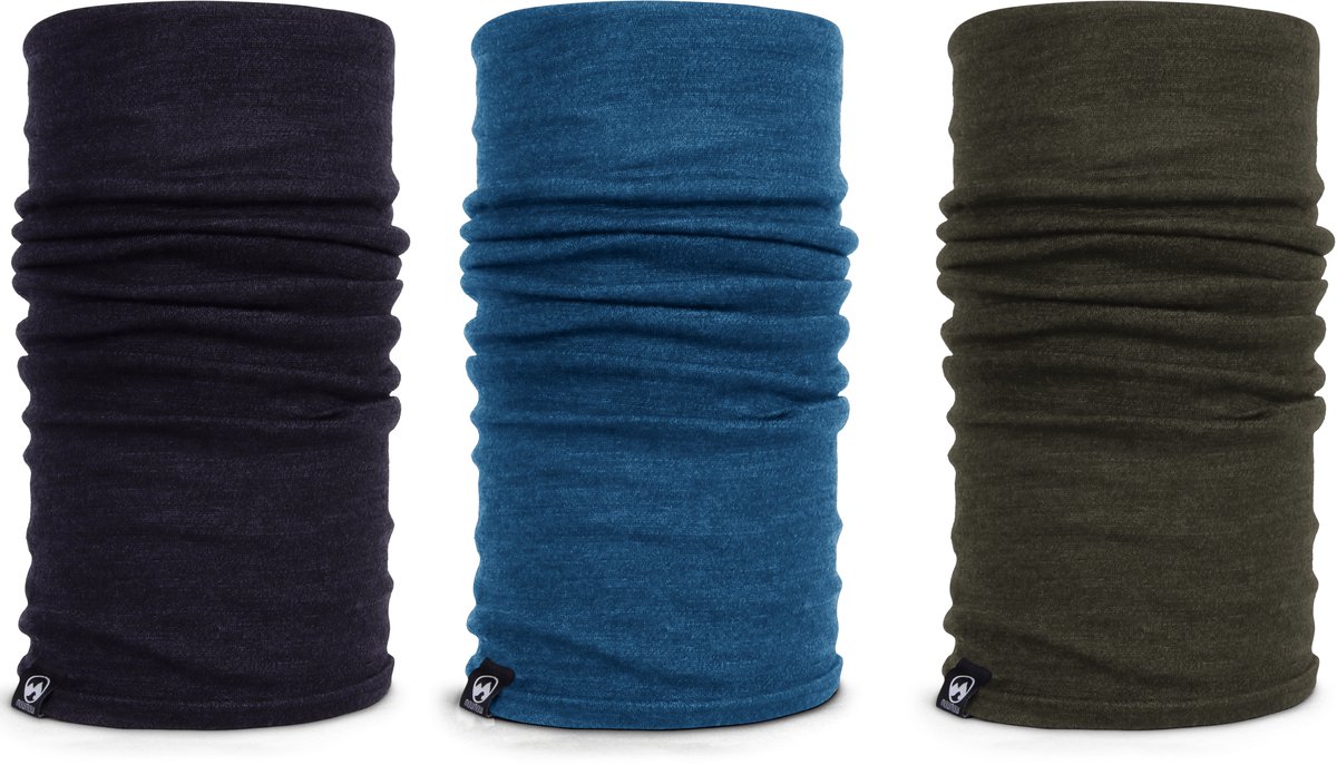 MowMow 3-pack Merino Nekwarmer - Sjaal - Multifunctionele hoofdbescherming - Sport - Wintersport - Zwart + Blauw + Groen