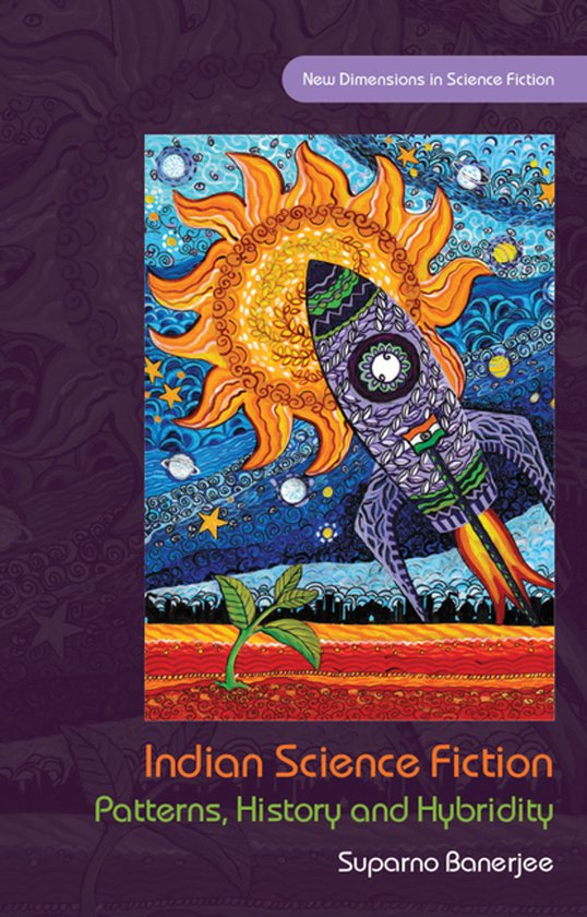 Couverture de livre "Indian Science Fiction" avec une fusée arborant le drapeau indien, un soleil et des étoiles.