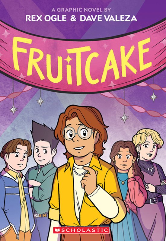Boekomslag van 'Fruitcake: A Graphic Novel' door Rex Ogle & Dave Valeza, met vijf diverse personages in een feestelijke sfeer.