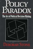 Boek "Policy Paradox: The Art of Political Decision Making" door Deborah Stone, met een zwarte kaft en een lijntekening van kubussen.
