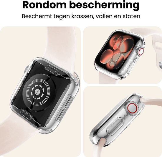 Drie weergaven van een Apple Watch met een doorzichtige hoes: van voren, van achteren en van de zijkant.