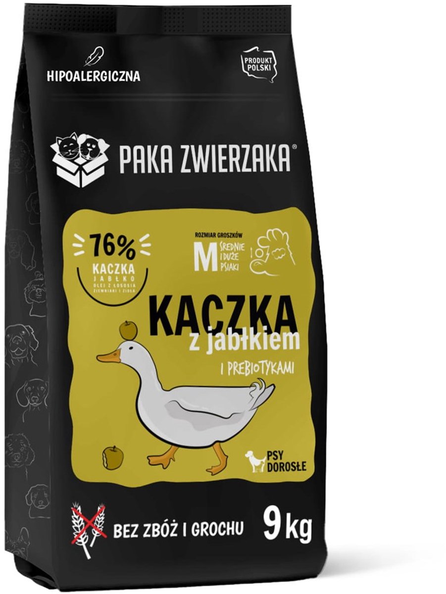 Paka Zwierzaka - Droogvoer voor Honden - Eend & Appel - Brokken M - Graanvrij - Hypoallergeen - Ondersteunt Huid & Vacht - 9 kg