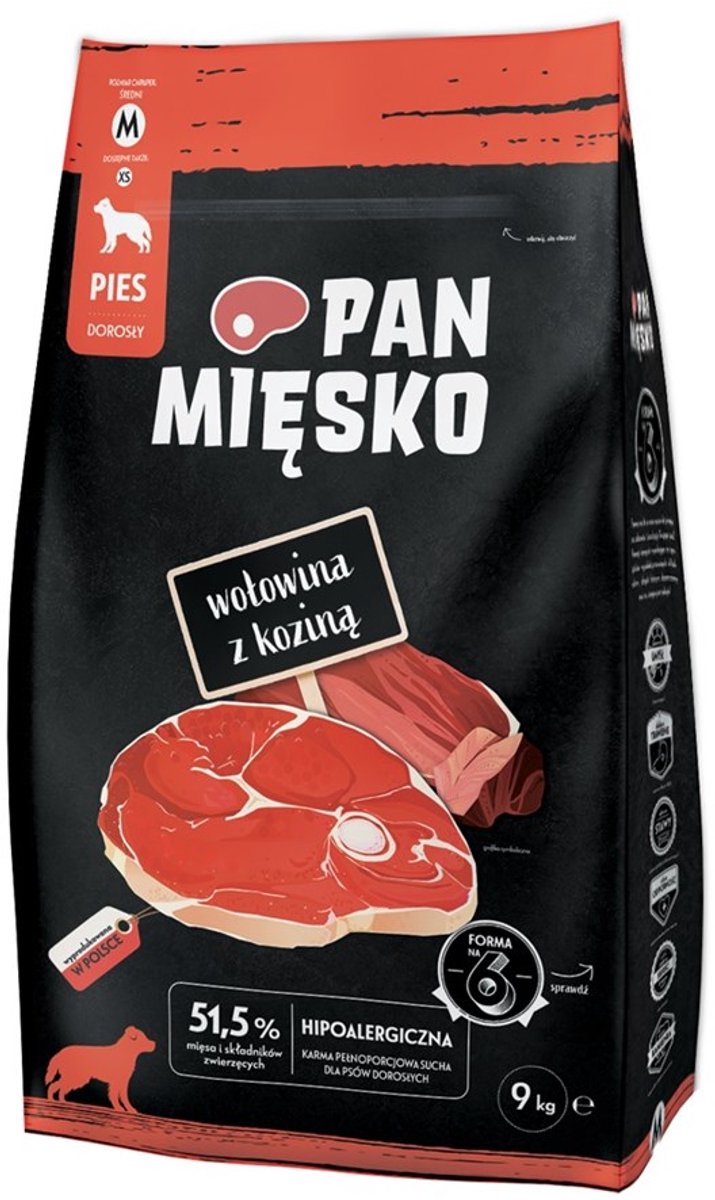 PAN MIĘSKO Pan Mięsko - Droogvoer voor Honden - Rund & Geit - Compleet & Natuurlijk - Ondersteunt Spijsvertering - Graanvrij - 9 kg