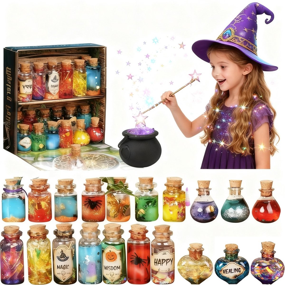 Fairy Potions Magische Toverdrank Set met Ketel & Toverstaf – Fabulus Potium - 20 Flesjes DIY Knutselset met Kristallen, Glitter & Receptenboek – Creatieve Experimenteerdoos voor Kinderen 6+ – Scheikunde set - Educatief Speelgoed voor kinderen