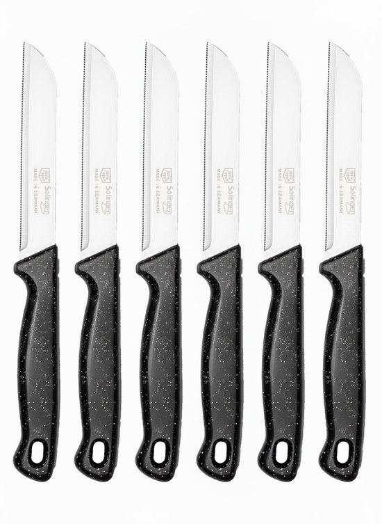 Solingen Kartelmes - Groente- en Tomatenmes met Kartel - RVS - 18,5 cm met "Blade Cover" - Ergonomisch Handvat - Zwart - 6 stuks