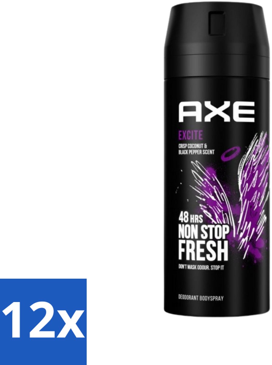 12 x Axe - Deodorant Bodyspray - 48hrs Fresh - Excite - Crisp Coconut & Black Pepper - 150 ml - Deodorant - Deodorant Spray - Axe Excite - Kokosnoot - Zwarte Peper