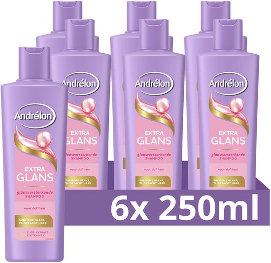 Zes paarse flessen Andrélon Extra Glans shampoo in een paarse verpakking met de tekst '6x 250ml'.