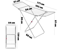 Droogrek, 180 x 55 x 101 cm - luchtstroomwasrek, wasdroger met antislipvoeten, vleugelwasdroger, kleding - Zilver Kadax