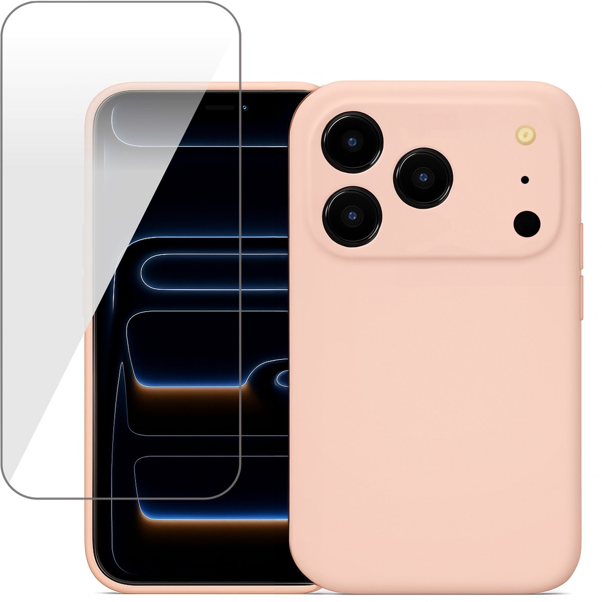 Hoesje geschikt voor iPhone 17 Pro - Screenprotector Glas - Mat Back Case Roze