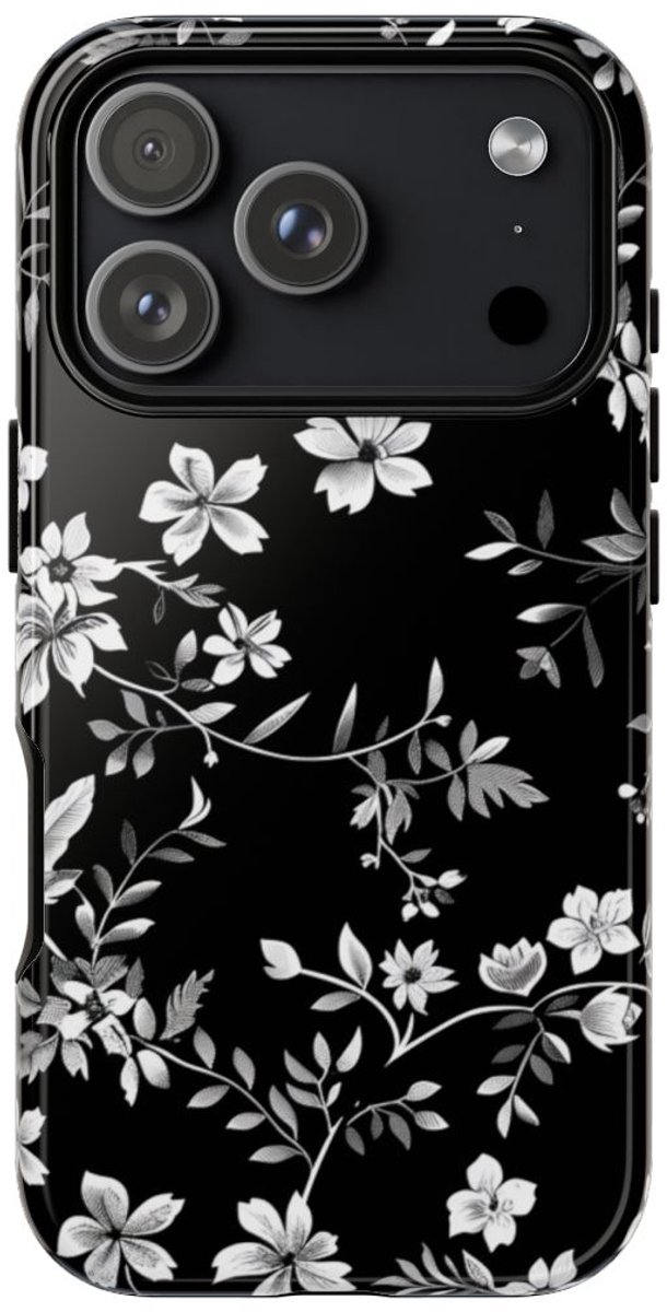 Zwart-Wit Bloemenpatroon – Telefoonhoesje Geschikt voor iPhone 17 Pro