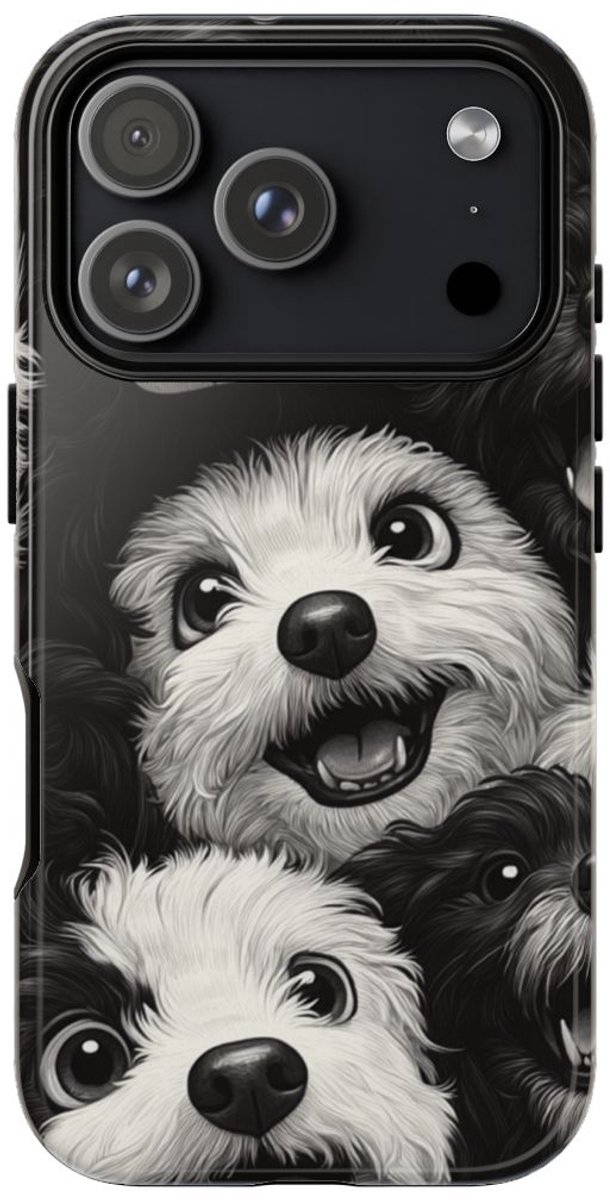 Zwart-Wit Vrolijke Hondenkoppen Patroon – Telefoonhoesje Geschikt voor iPhone 17 Pro
