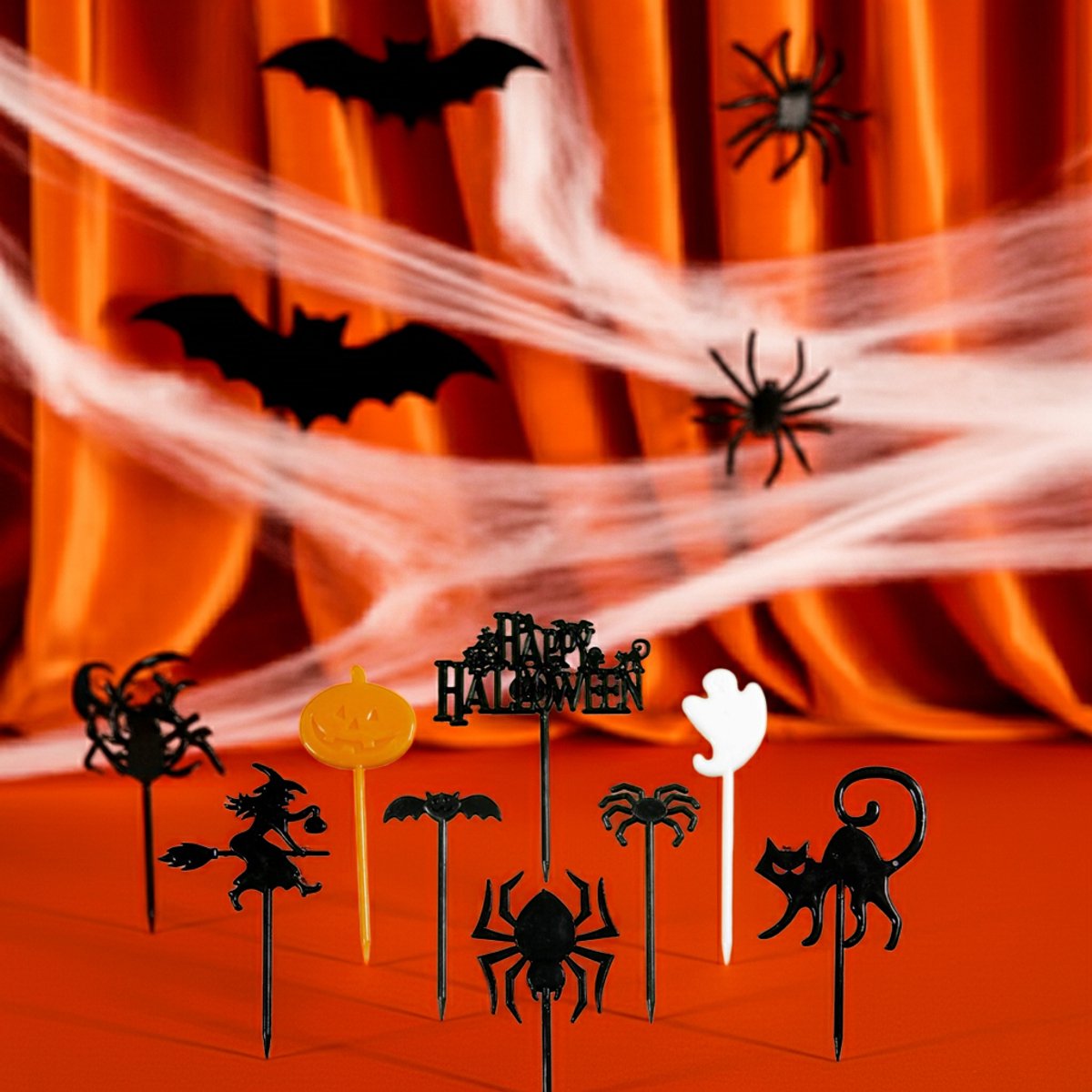 Bento Happy Halloween bento prikkers - 8 stuks - cocktail prikker - cupcake decoratie - prikkers met versiering - taartversiering