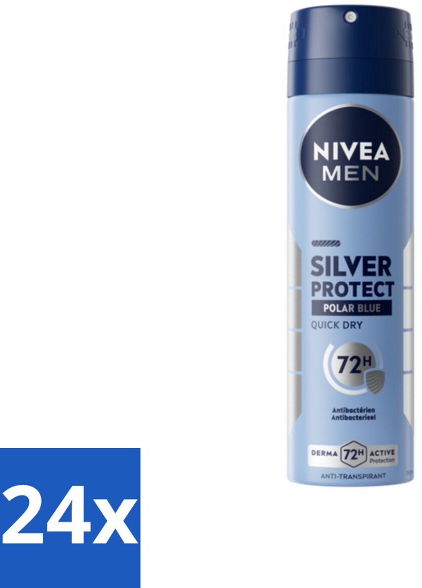 24 x Nivea - Men - Deodorant - Spray - Silver Protect Polar Blue - 150 ml - 72 Uur Bescherming - Zilverionen - Anti-transpirant - Deodorant Spray - Zweetgeur