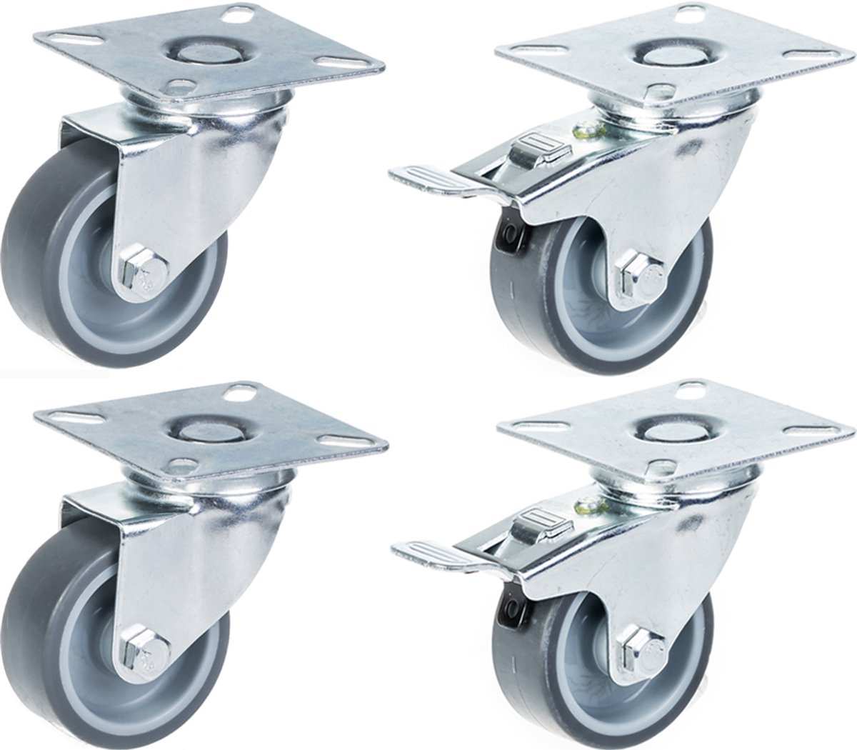Set van 4 - zwenkwielen met rem uit de 100-serie, 50 mm, grijs TPR-rubber op polypropyleen