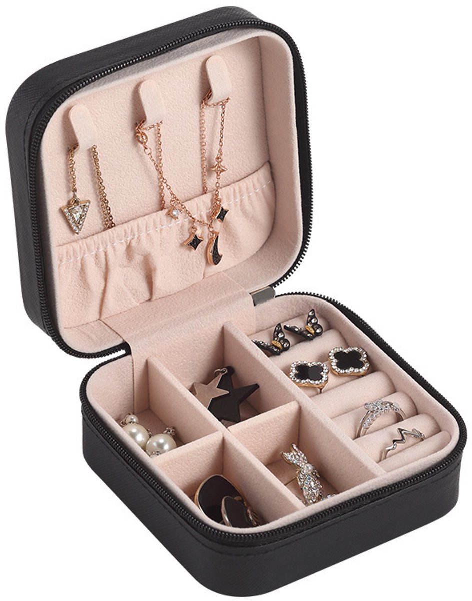 Mmgoqqt - Reissieradendoos - Kleine sieradendoos - Draagbare sieradenopbergdoos - Display-opbergdoos - Geschikt voor ringen-oorbellen- kettingen en armbanden - Cadeau voor vrouwen en meisjes - Zwart
