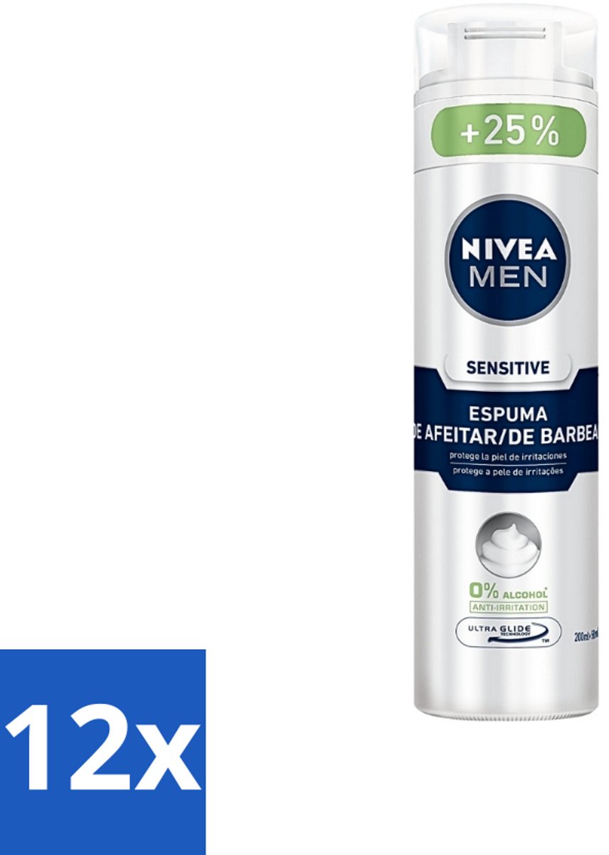 12 x Nivea - Men - Sensitive Shaving Foam - Beschermt Tegen Irritaties - 250 ml - Scheerschuim Voor Gevoelige Huid - Gevoelige Huid - Scheerbeurt - Irritatie - Aloe Vera