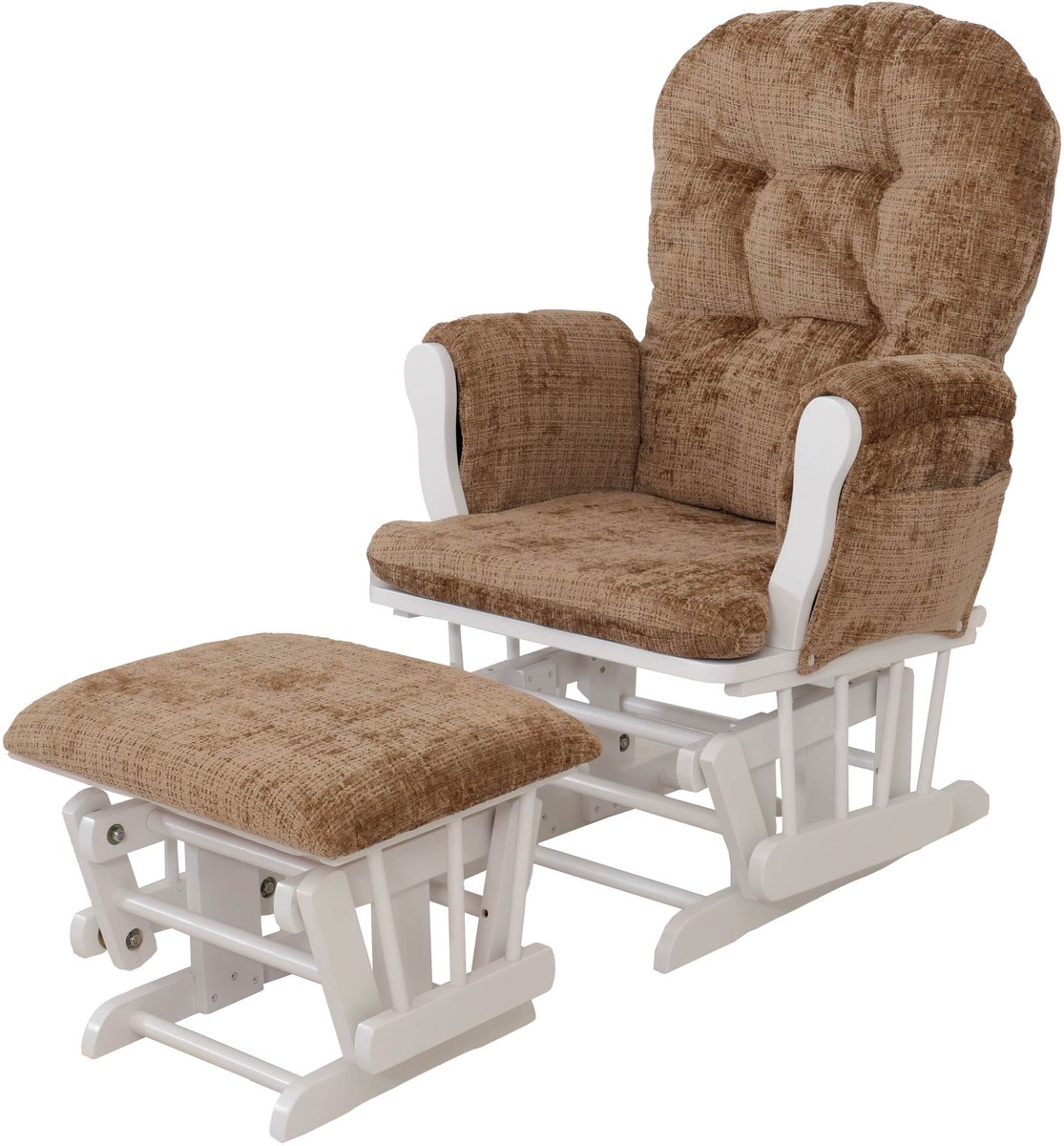 MCW Relaxstoel MCW-C76, schommelstoel met voetenbankje, bekleding van chenille (465 g/m²) ~ lichtbruin, frame wit