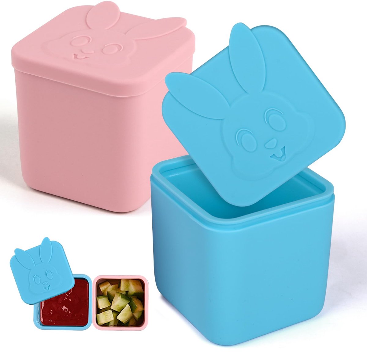 Image of 2-delige dipbakjes passen in de meeste bento-lunchboxen, 118 ml lekvrije siliconen saladedressingbakjes voor onderweg, siliconen sausbakjes van voedingskwaliteit met deksel (roze en blauw)