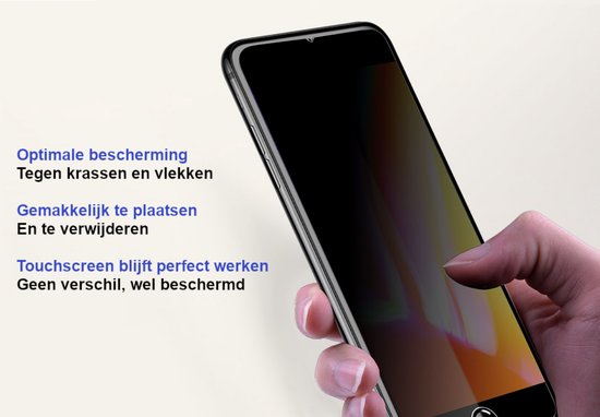 Hand die een telefoon met privacy screenprotector bedient. 'Optimale bescherming', 'Gemakkelijk te plaatsen', 'Touchscreen blijft perfect werken'.