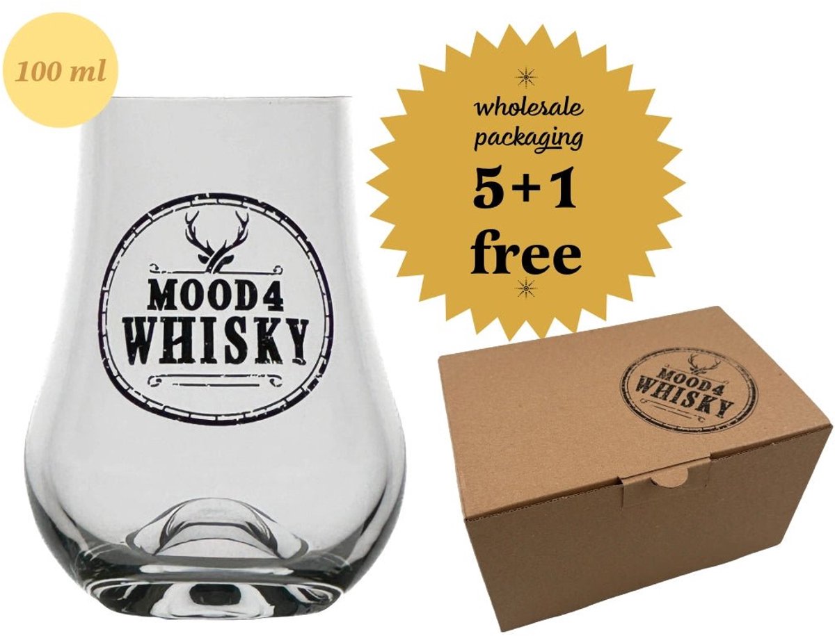 Whiskyglas 'Whisky Taster' met logo - 100 ml - proefglas - 5 +1 Gratis - Groothandelsverpakking - Mood4Whisky