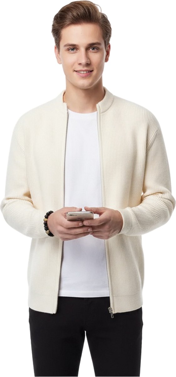 Gebreide Vest met Rits - Heren - Wit - Trui - Slim Fit - Getailleerd - Rib Design