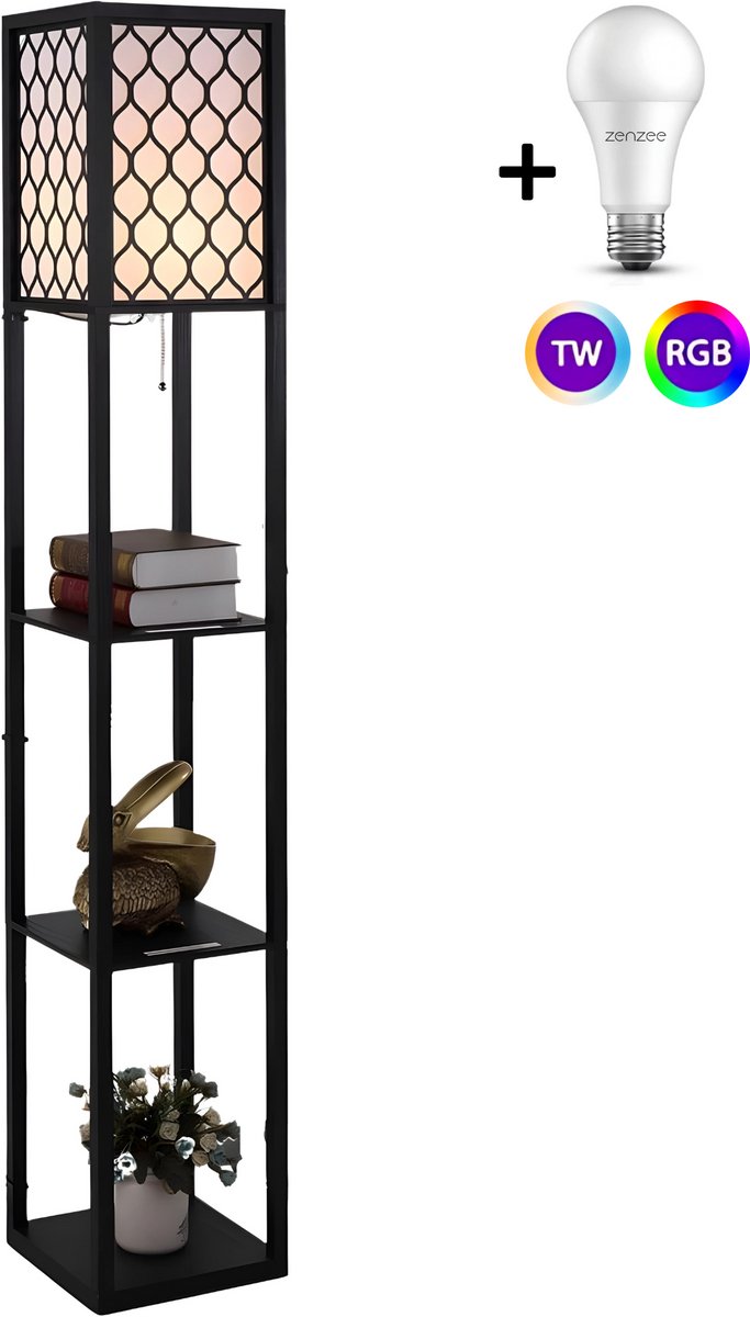 Vloerlamp - Staande lamp - Stalamp - Sfeerlamp - Met opbergruimte - Dimbaar - Witlicht RGB - Smart lamp WiFi - 26L x 26B x 160H cm - Zwart - Honingraat