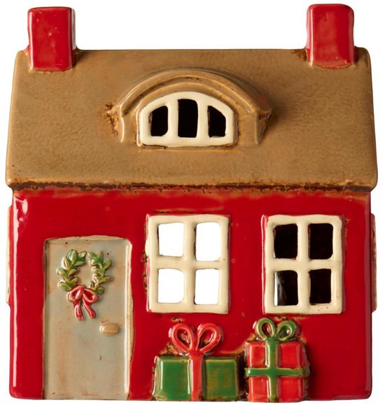 Ib Laursen - Keramieken Kersthuisje Rood met kerstkrans en cadeaus - Waxinelichthouder