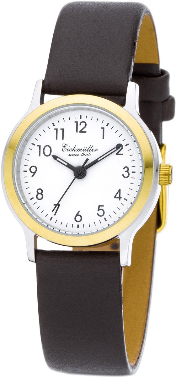 Eichmüller Klassiek Dameshorloge - Bicolor Edelstaal - Bruine Horlogeband - Witte Wijzerplaat - Quartz Uurwerk - 26 mm