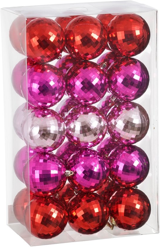 Boules de Noël Mica Decorations - 30 pièces - Ø 8 cm - Incassables - Rouge, Rose, Fuchsia