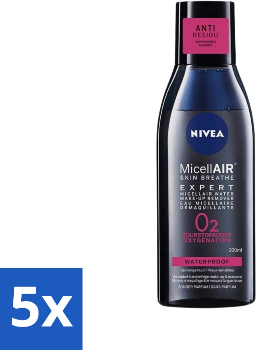 5 x Nivea - Expert Make-up Remover - Micellair Water - Gezichtsreinigingsmiddel - 200 ml - Make-up Remover - Gezichtsreinigingsmiddel - Micellen - Zuurstofboost - Huid Ademen
