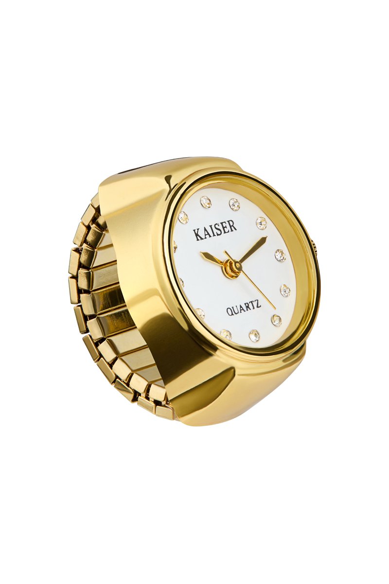 Kaiser Ringhorloge Vinger Horloge Ring - Goud met Steentjes - One Size Fits All Rekband - Quartz - 22mm