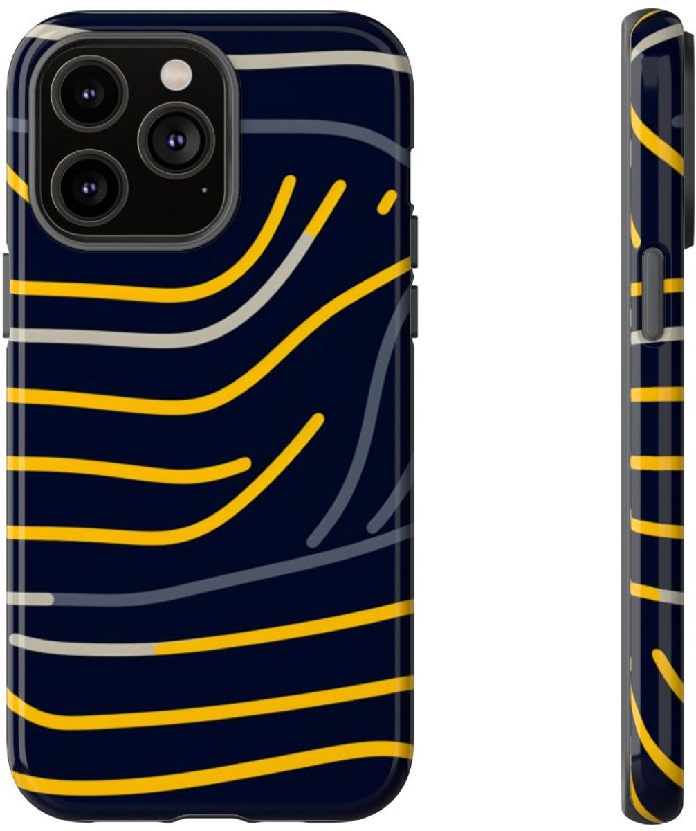 Abstracte Donkerblauwe en Gele Lijnen – Telefoonhoesje Geschikt voor iPhone 14 Pro Max