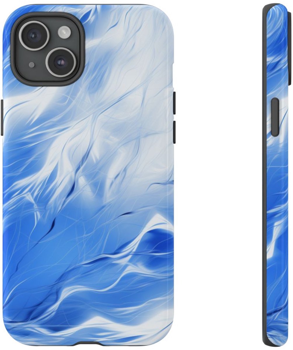 Blauw-Wit Abstract Golvend Patroon – Telefoonhoesje Geschikt voor iPhone 15 Plus