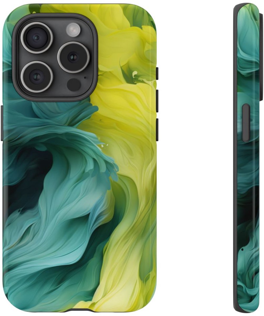 Vloeiend Gele en Groene Abstracte Kunst – Telefoonhoesje Geschikt voor iPhone 15 Pro