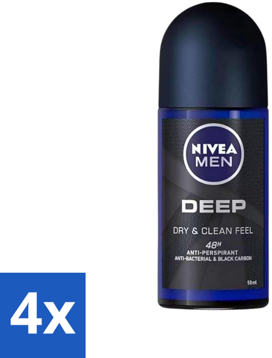 4 x Nivea - Deo Roll-On - Men - Deep - 48 Uur Lang Werkend - 50 ml - NIVEA MEN Deep Deodorant Roller - Anti-transpirant - 48 Uur Bescherming - Actieve Kool - Zweetbestendig