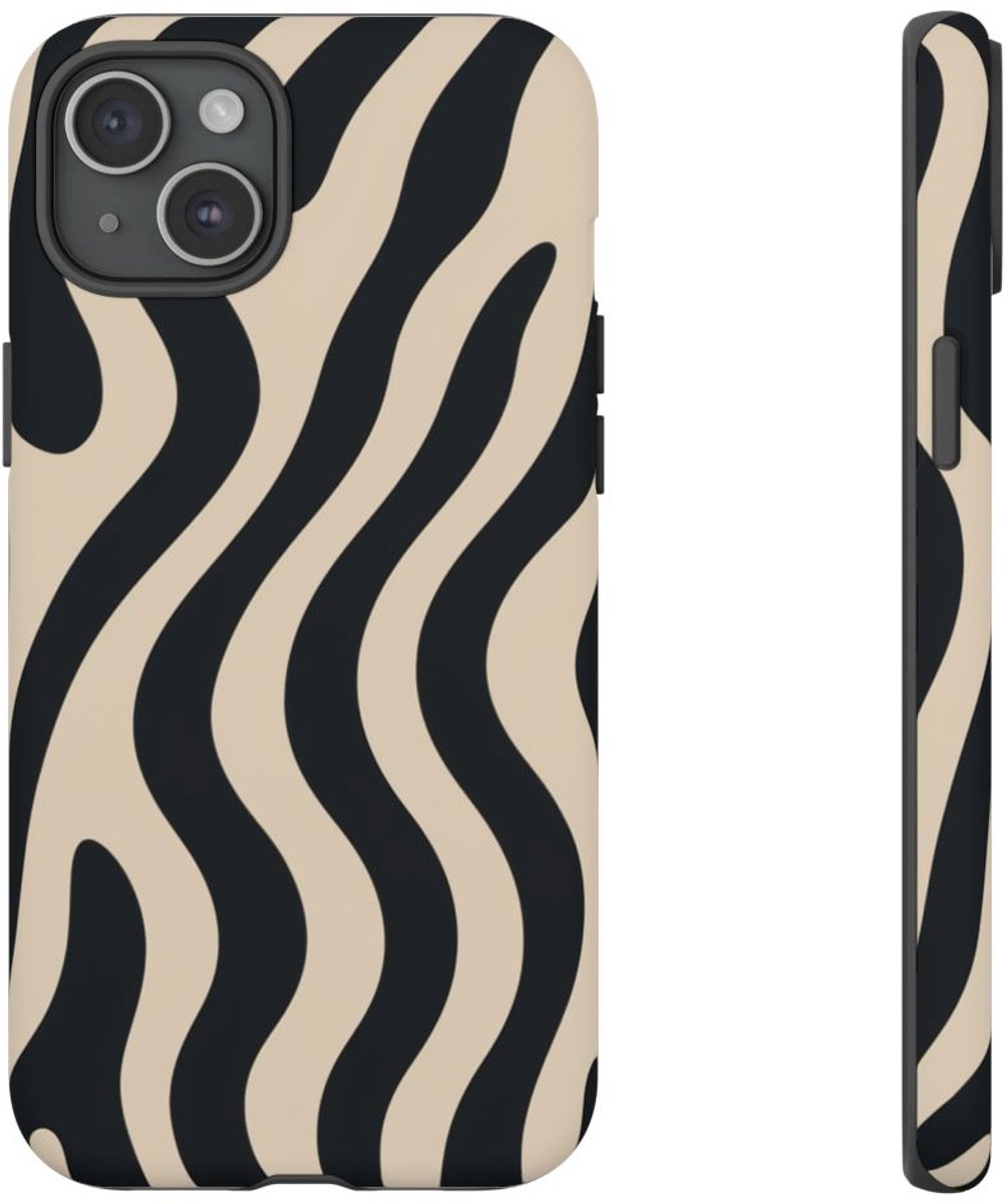 Zwart-Beige Abstracte Golvende Lijnen – Telefoonhoesje Geschikt voor iPhone 15 Plus
