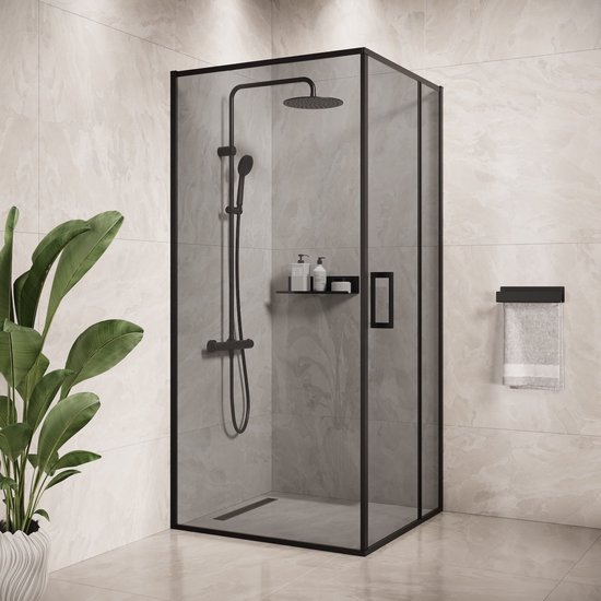 Foto: Badplaats douchecabine belize 90 x 90 x 190 cm zwart met getint veiligheidsglas douchewand met draaideur