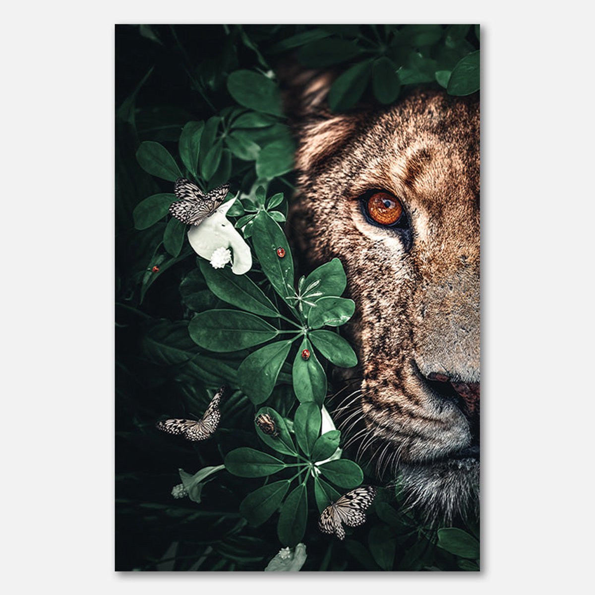 Poster op Papier - 40 x 60 cm - Leeuwin met vlinders en bladeren - PosterJunkie