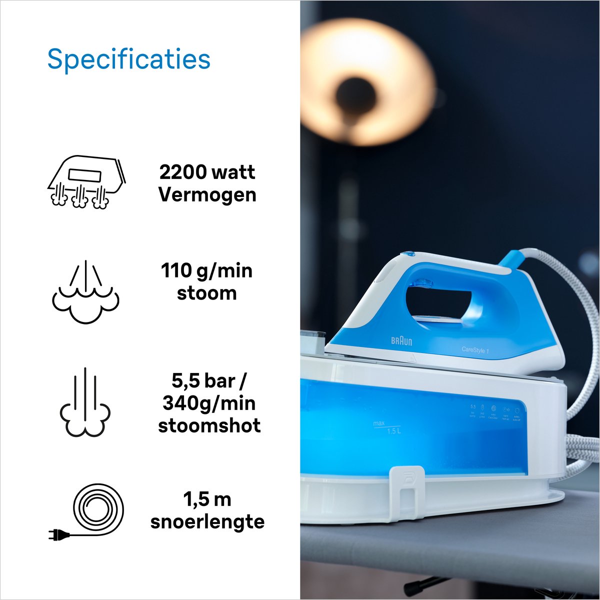Braun CareStyle 1 IS1012BL - Stoomgenerator - Handmatige instellingen - Auto-off - Blauw/Wit — afbeelding 2