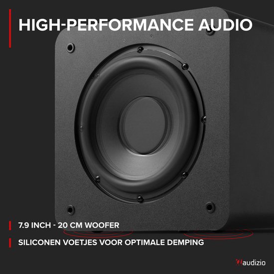 7.9 inch - 20 cm woofer. Siliconen voetjes voor optimale demping.