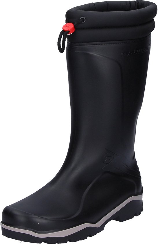 Zwarte Dunlop regenlaars met vulling aan de bovenrand en rode trekker.