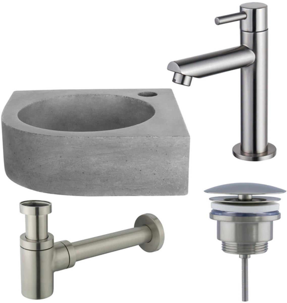 FugaFlow Eccelente Arredo fonteinset - 31.5x31.5x10cm - 1 kraangat - hoek - fonteinkraan RVS geborsteld - beton -