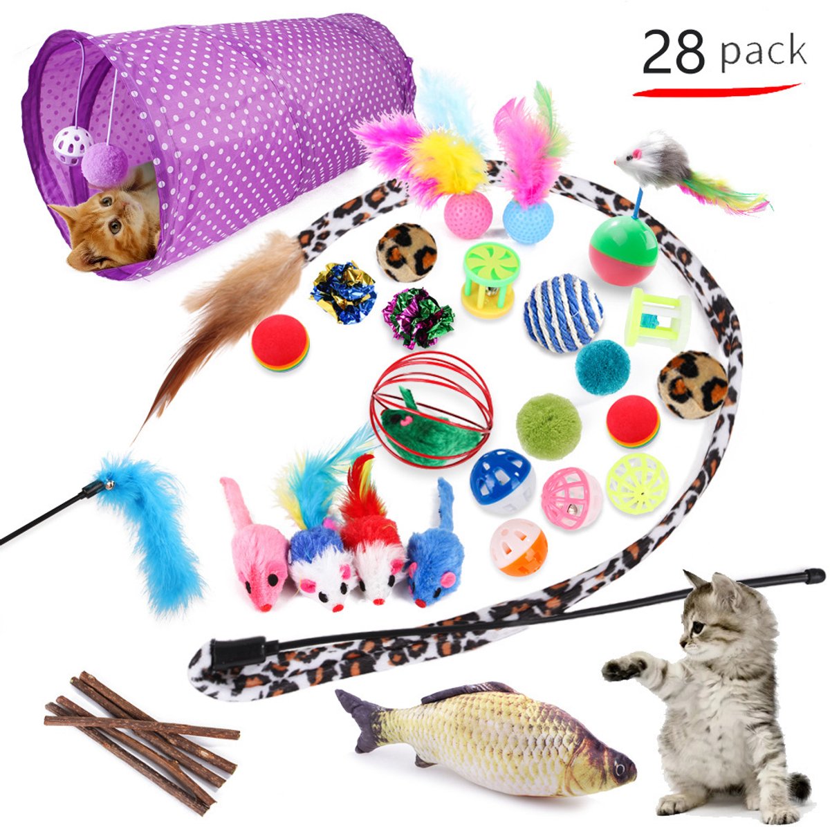 COZELLA® Kattenspeelgoed 28 Stuks – Kattentunnel Kattenhengel – Kattenspeeltjes Interactief – Speelgoed Kat Kitten