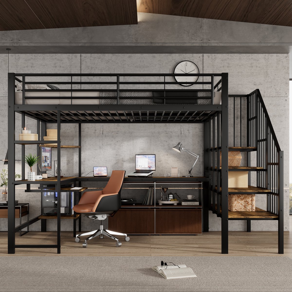 Hoogslaper 120x200 cm - met oplaadinterface - hoekkruipladder - bureau met toetsenbordhouder en opbergruimte - zwart - zonder matras